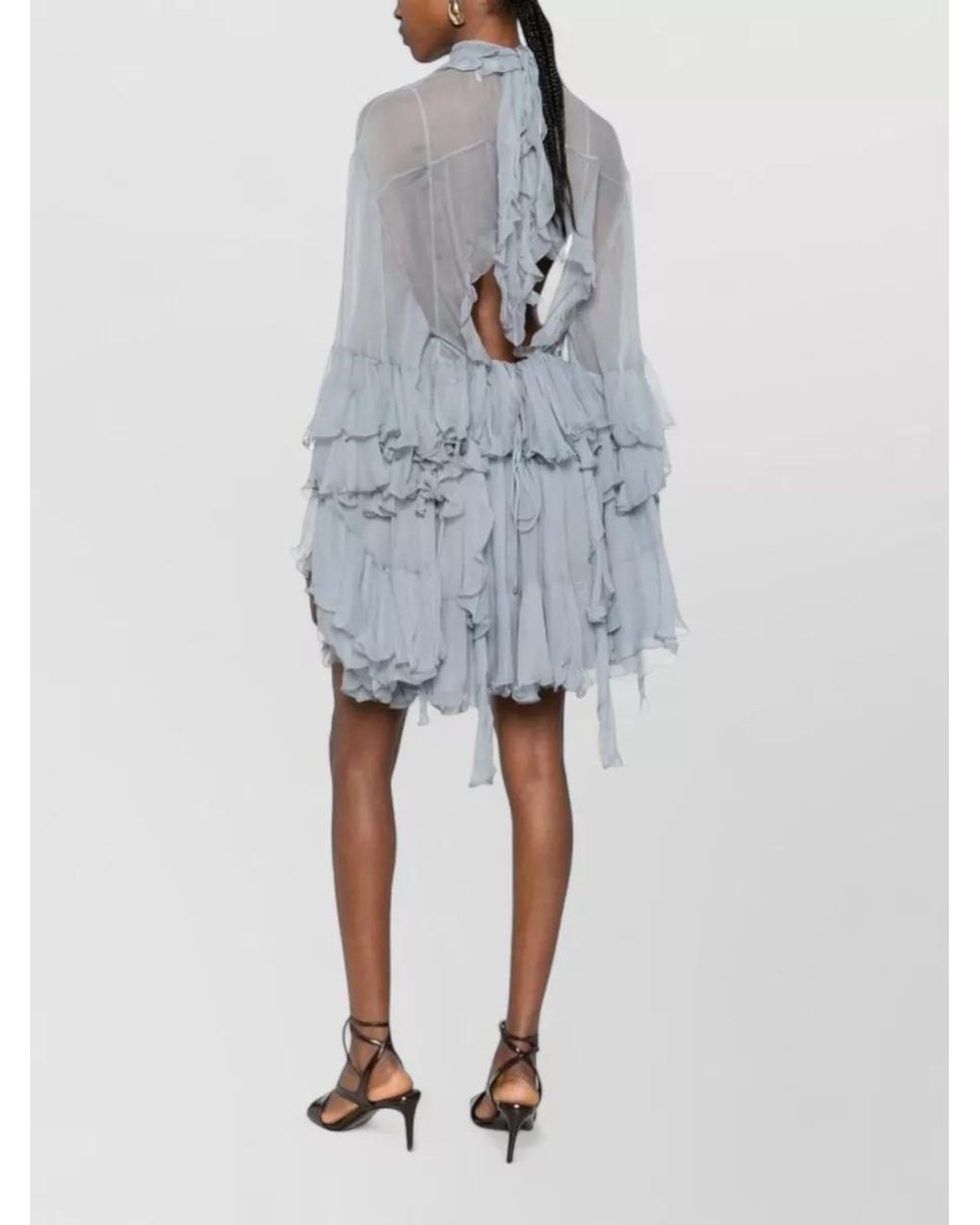 Chloé Blue Silk Ruffled High-Neck Long-Sleeve Mini Dress