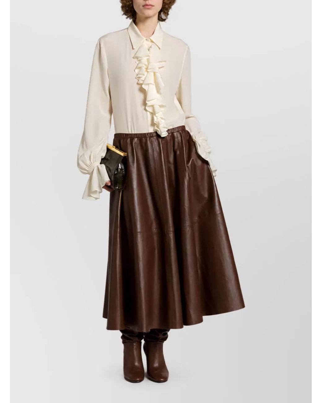 Alberta Ferretti Natural Silk Crepe De Chine Ruffled Long-Sleeve Blouse