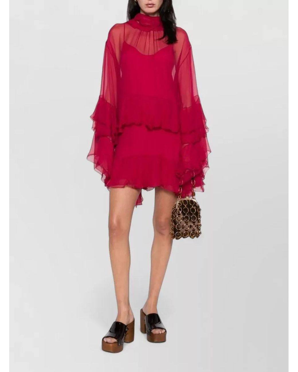 Chloé Red Silk Ruffled Long-Sleeve Mini Dress
