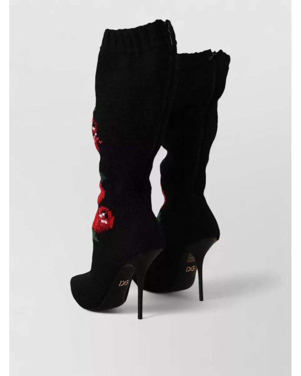 Dolce & Gabbana Black Floral Knit Knee-High Boots