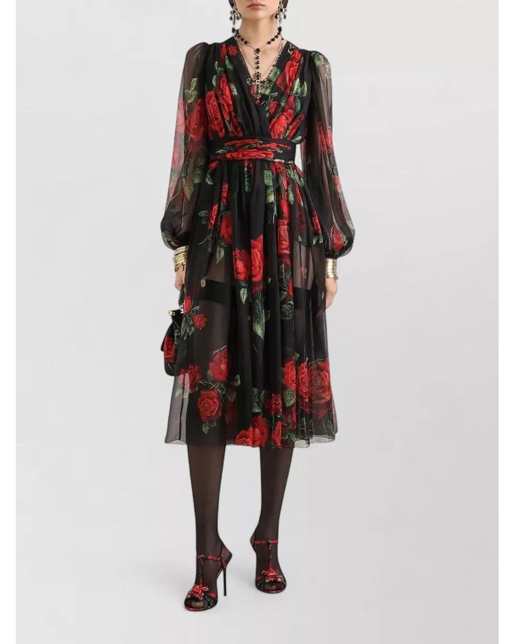 Dolce & Gabbana Black Silk Draped Floral-Print Midi Dress