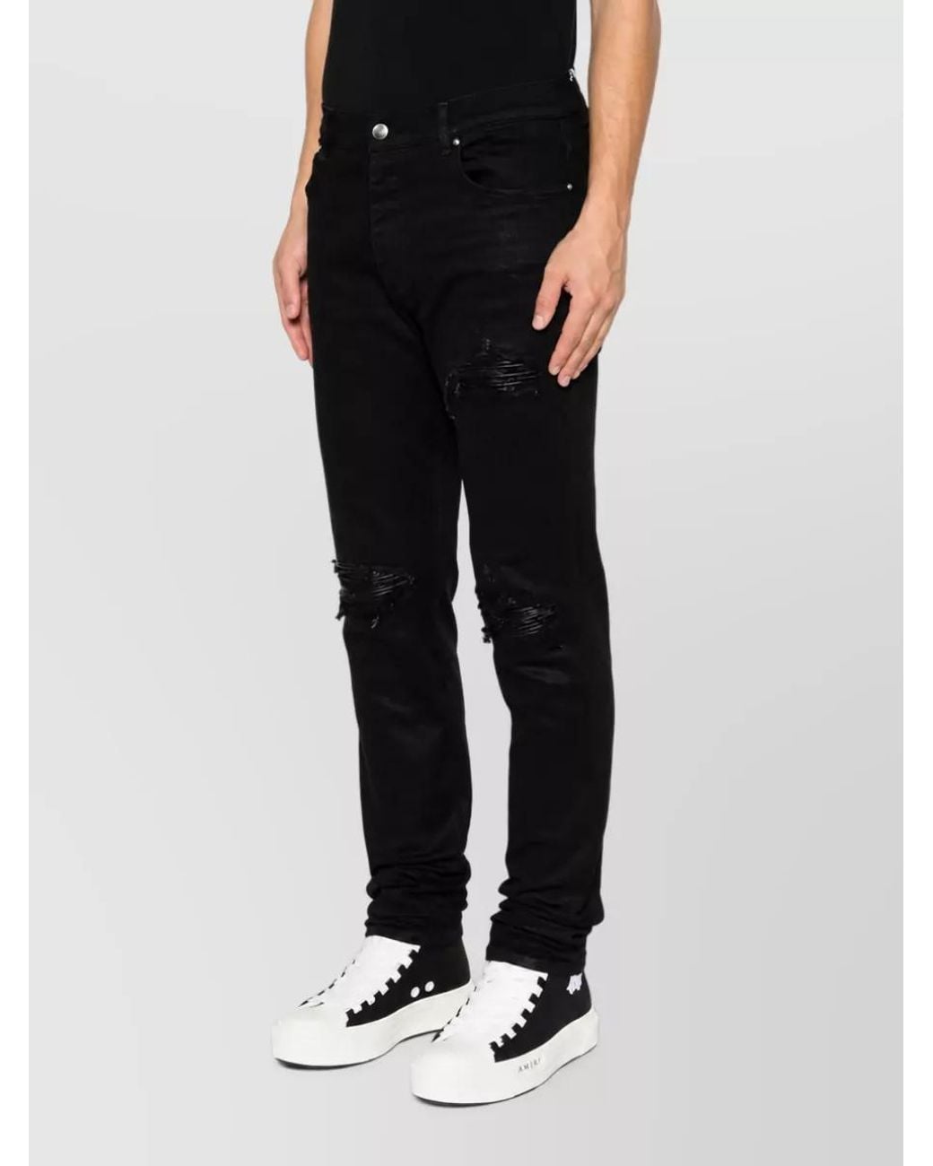 Amiri Black Waxed Distressed Skinny Denim Jeans for men
