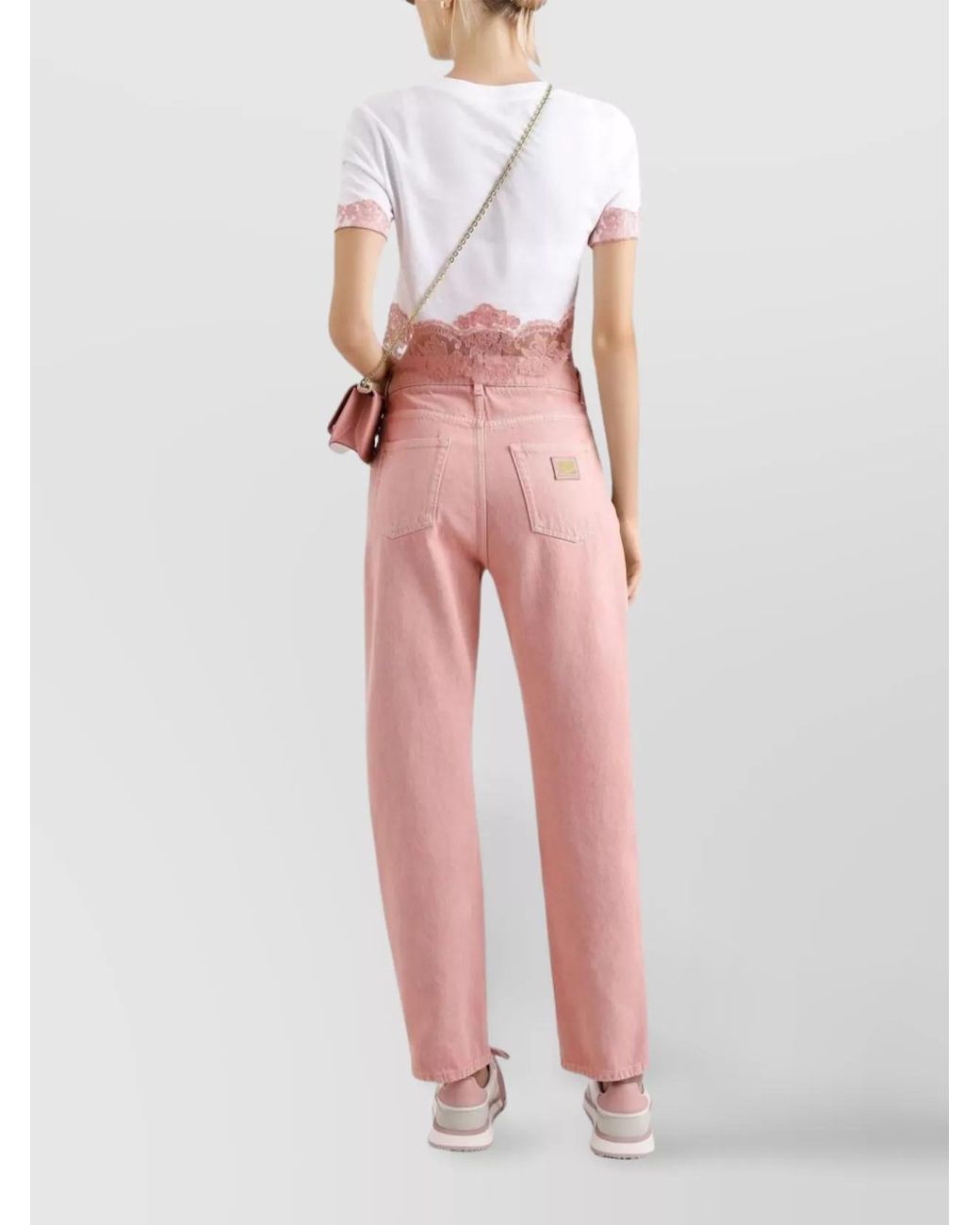 Dolce & Gabbana Pink Cropped T-Shirt With Lace Trim And Logo