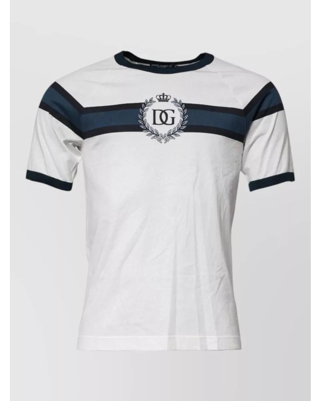 Dolce & Gabbana Blue Striped Logo Embroidered Cotton T-Shirt for men