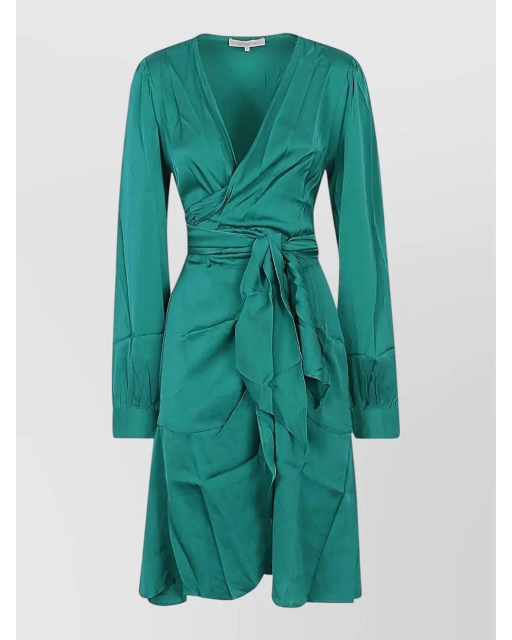 Silk95five Green Silk V-Neck Knotted Long-Sleeve Flared Mini Dress