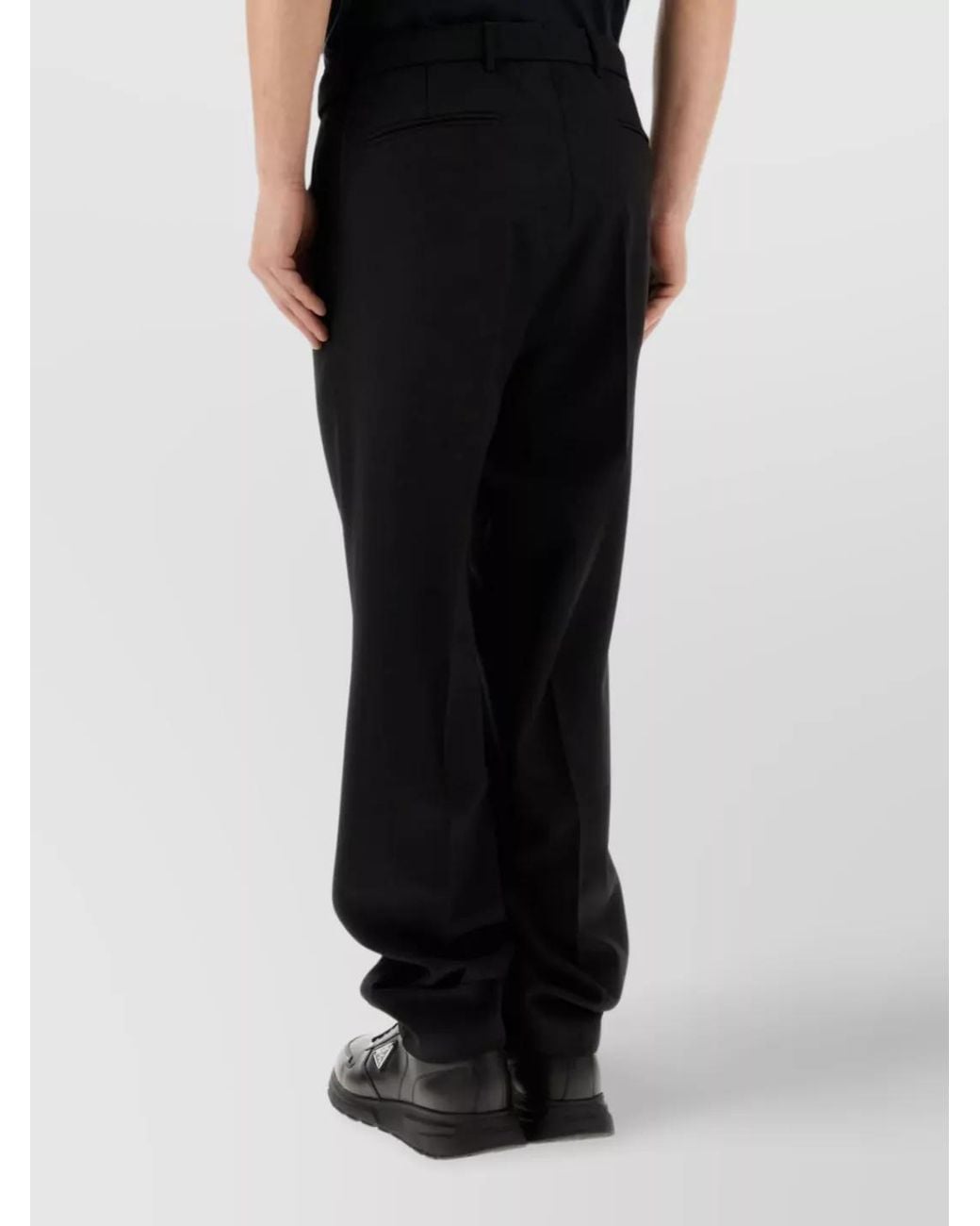 Prada Black Wool High-Rise Pleated Straight-Leg Trousers for men