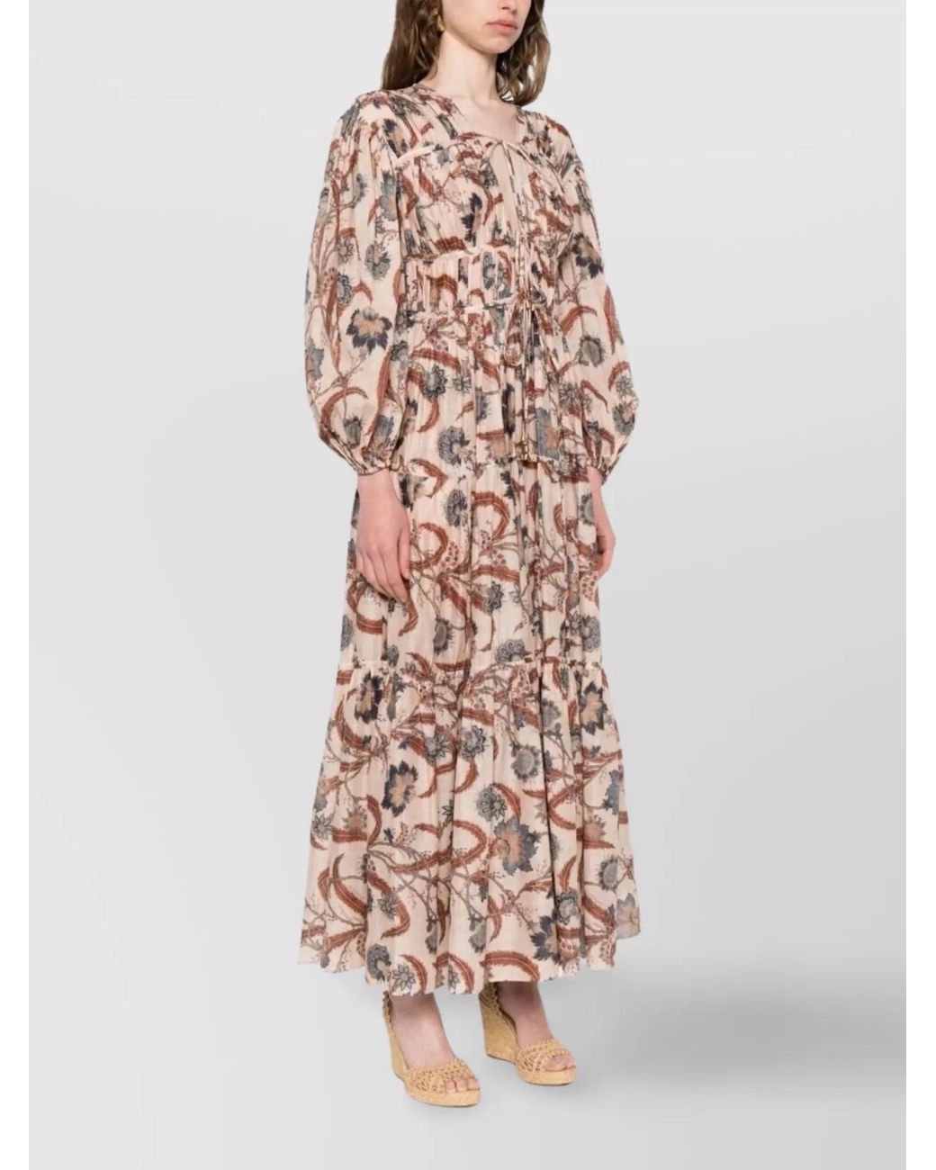 Zimmermann White Tiered Floral V-Neck Long Sleeve Dress