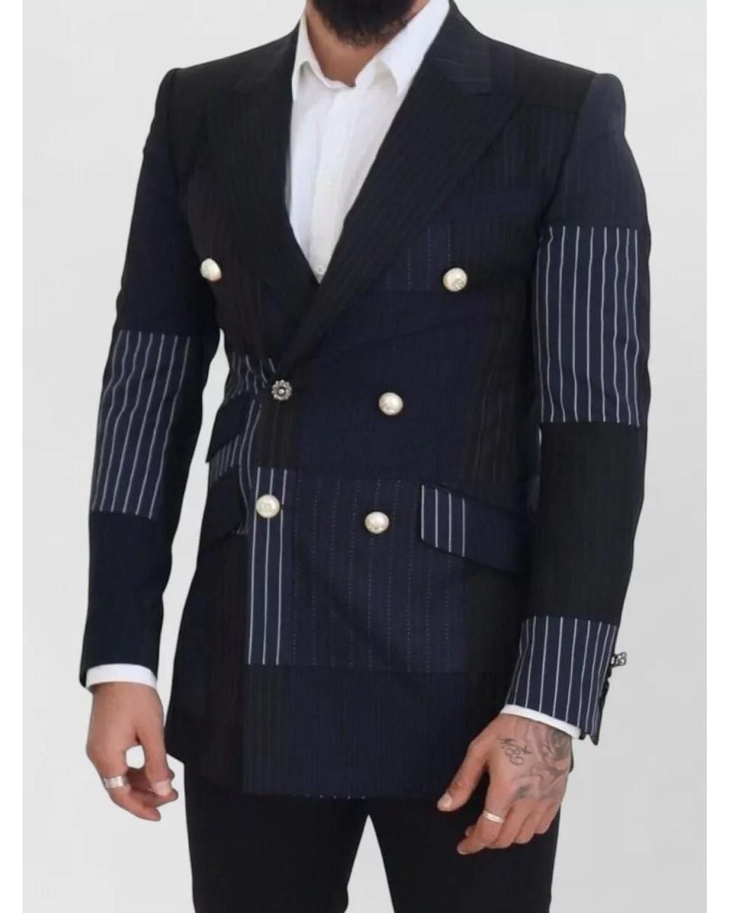 Dolce & Gabbana Blue Silk Patchwork Double-Breasted Blazer for men