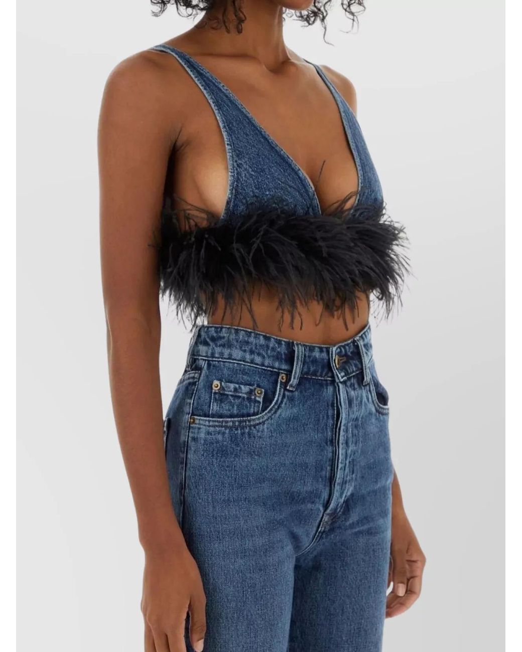 Miu Miu Blue Denim Feather-Trim Cropped Top
