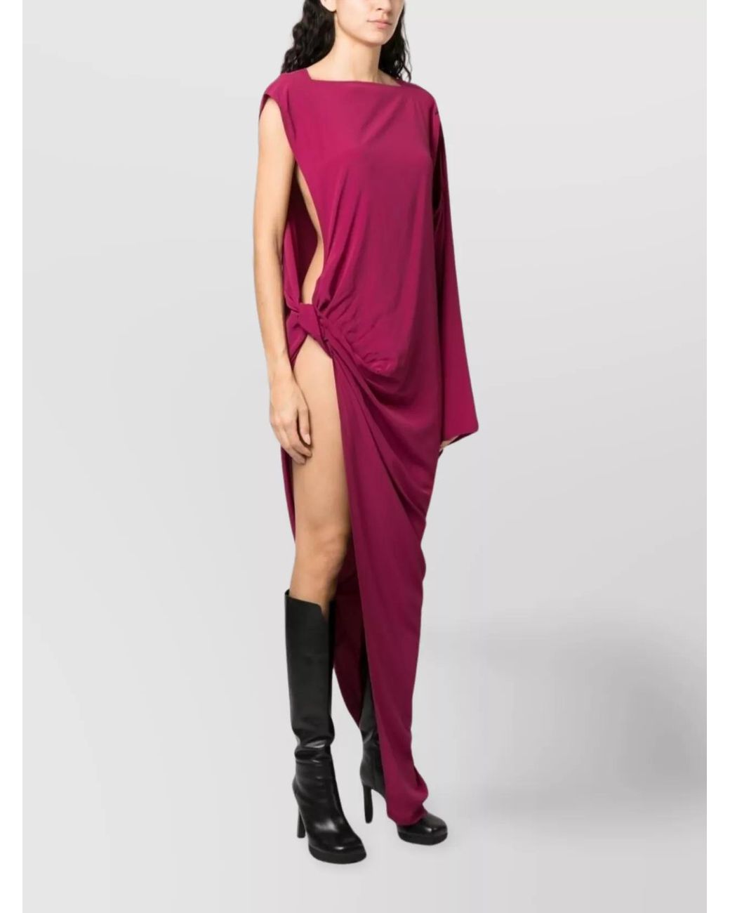 Rick Owens Pink Silk Blend Draped Asymmetric One-Shoulder Cutout Midi Dress