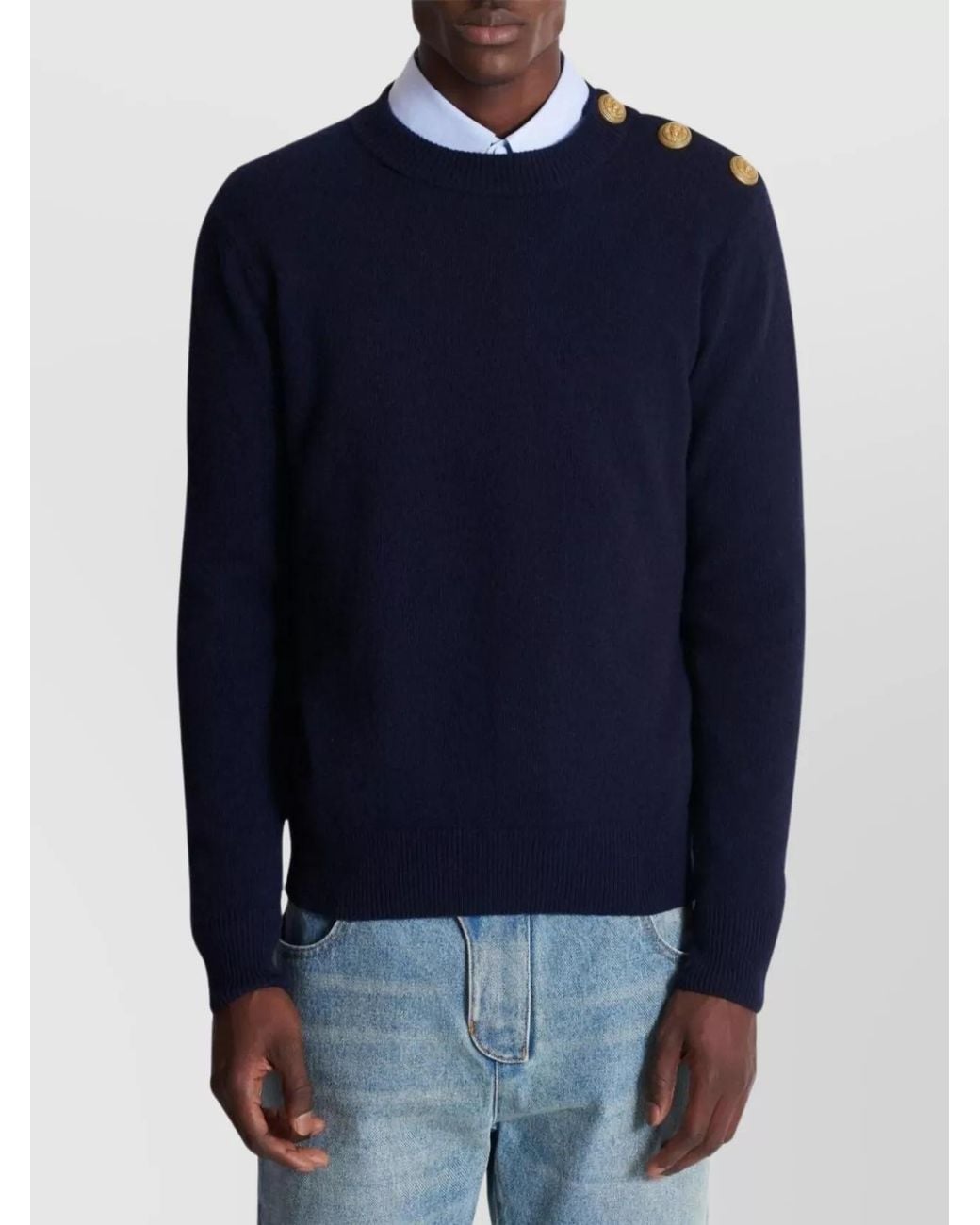Balmain Blue Cashmere-Blend Buttoned Crew-Neck Sweater for men
