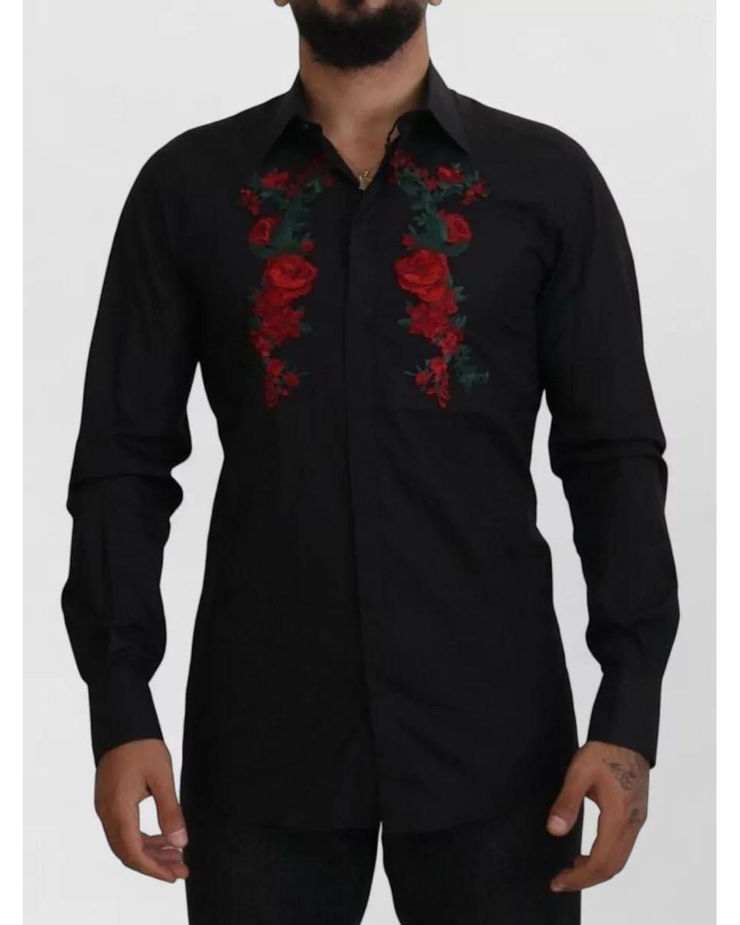 Dolce & Gabbana Black Cotton Floral-Embroidered Long-Sleeve Shirt for men