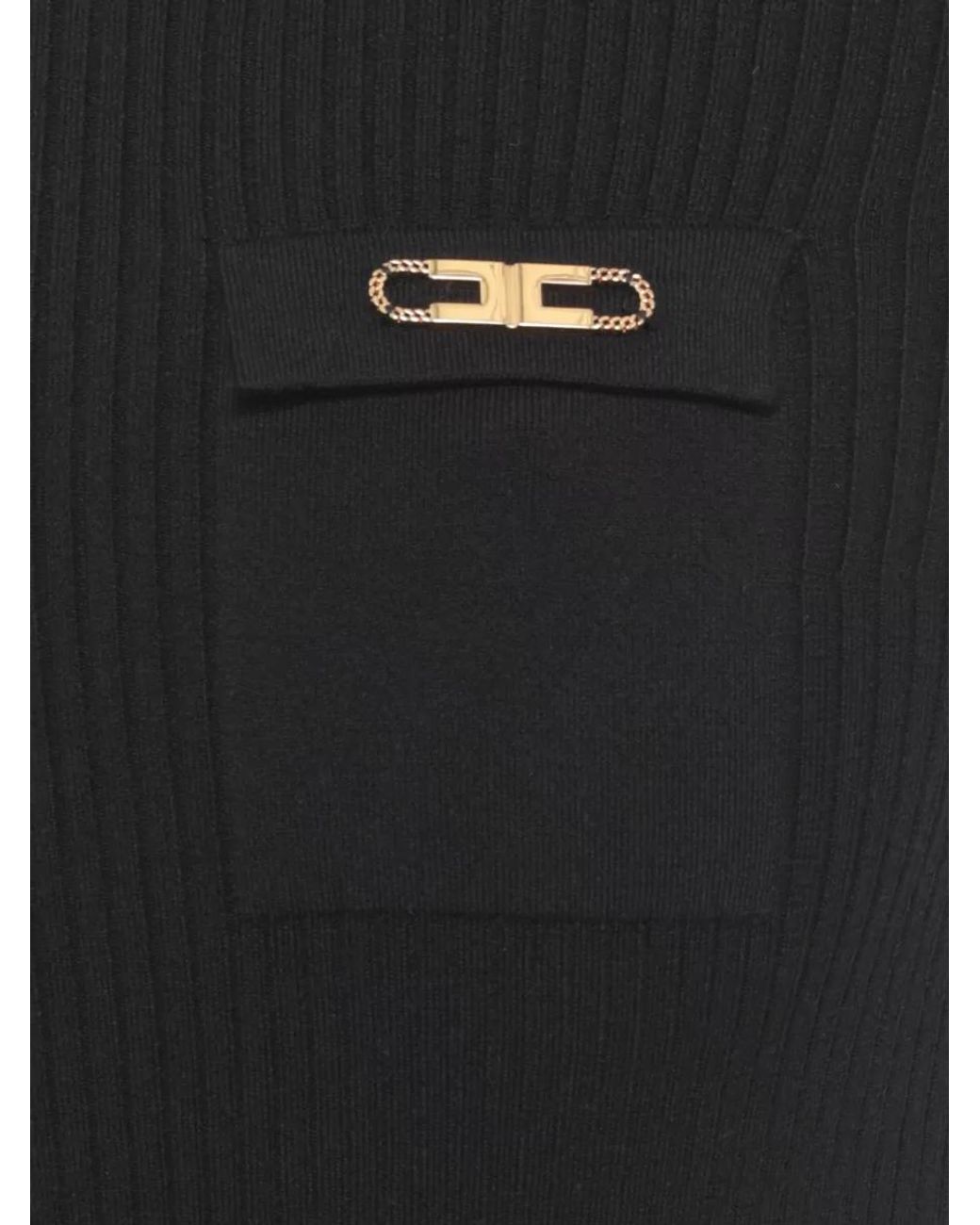 Elisabetta Franchi Black Silk Turtleneck Long-Sleeve Knee-Length Dress