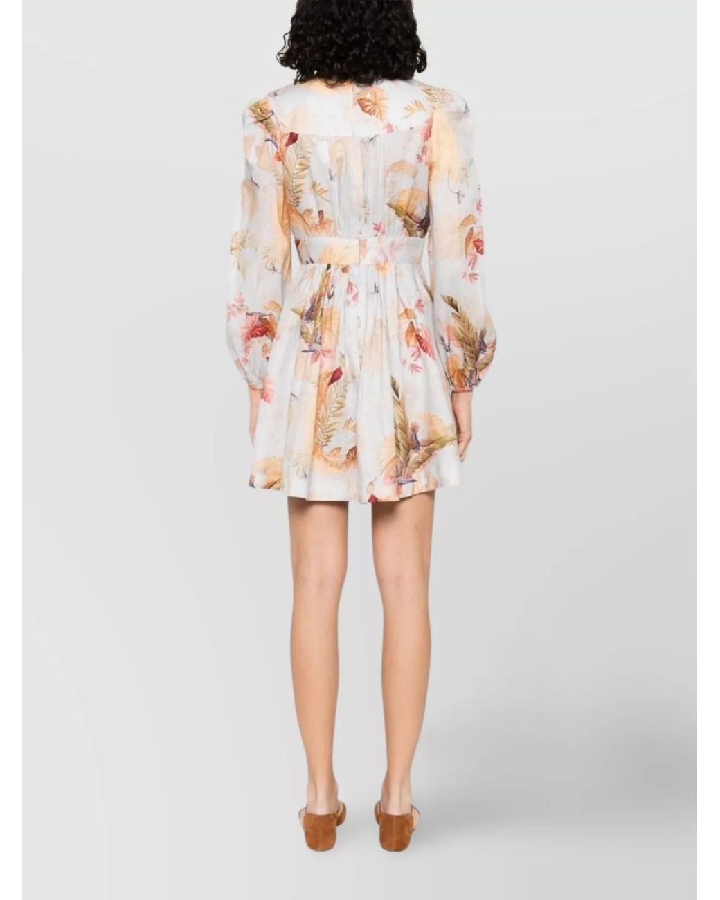 Zimmermann White Linen Ascension Printed V-Neck Long-Sleeve Mini Dress