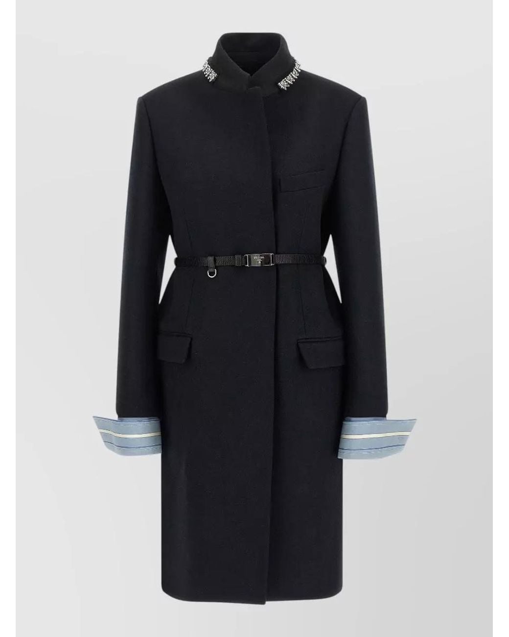 Prada Blue Virgin Wool Crystal Embellished Single Breasted Coat