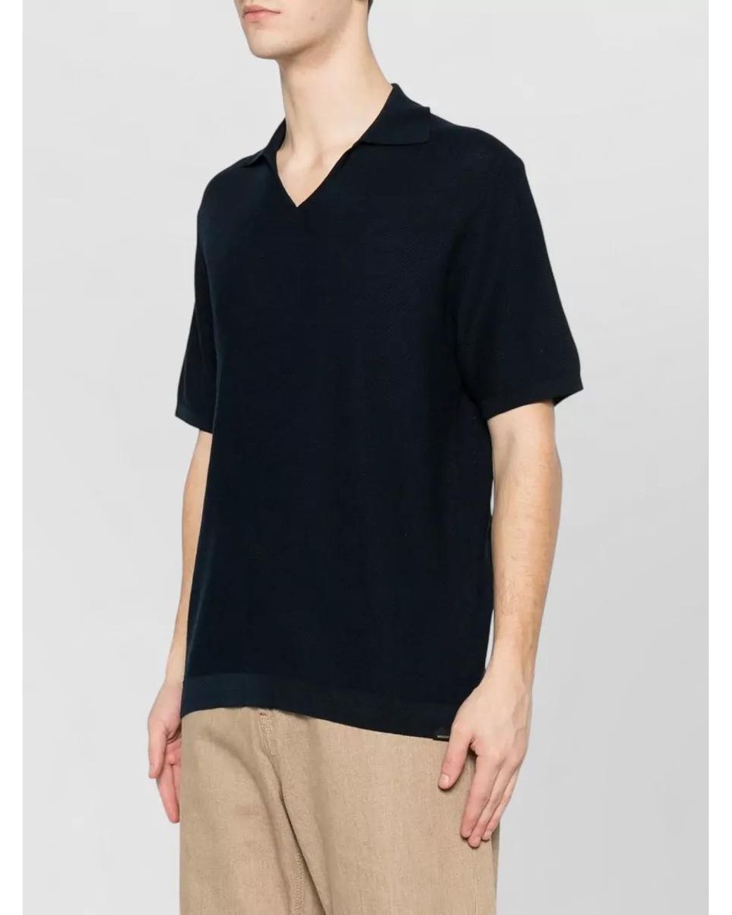 Woolrich Blue Cotton Ribbed V-Neck Polo Shirt for men