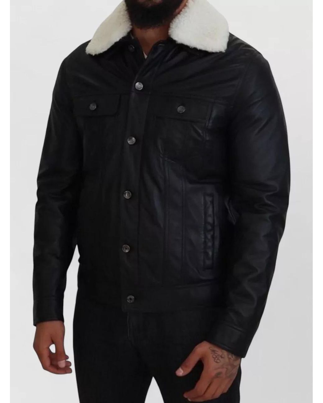 Dolce & Gabbana Black Lamb Leather Shearling Collar Coat for men