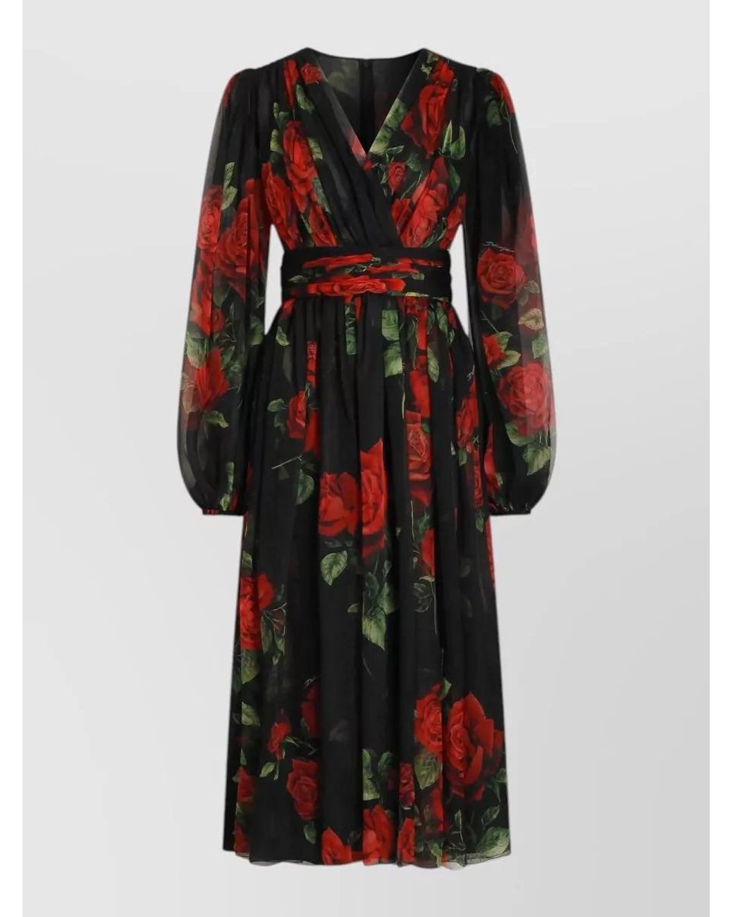 Dolce & Gabbana Black Silk Draped Floral-Print Midi Dress