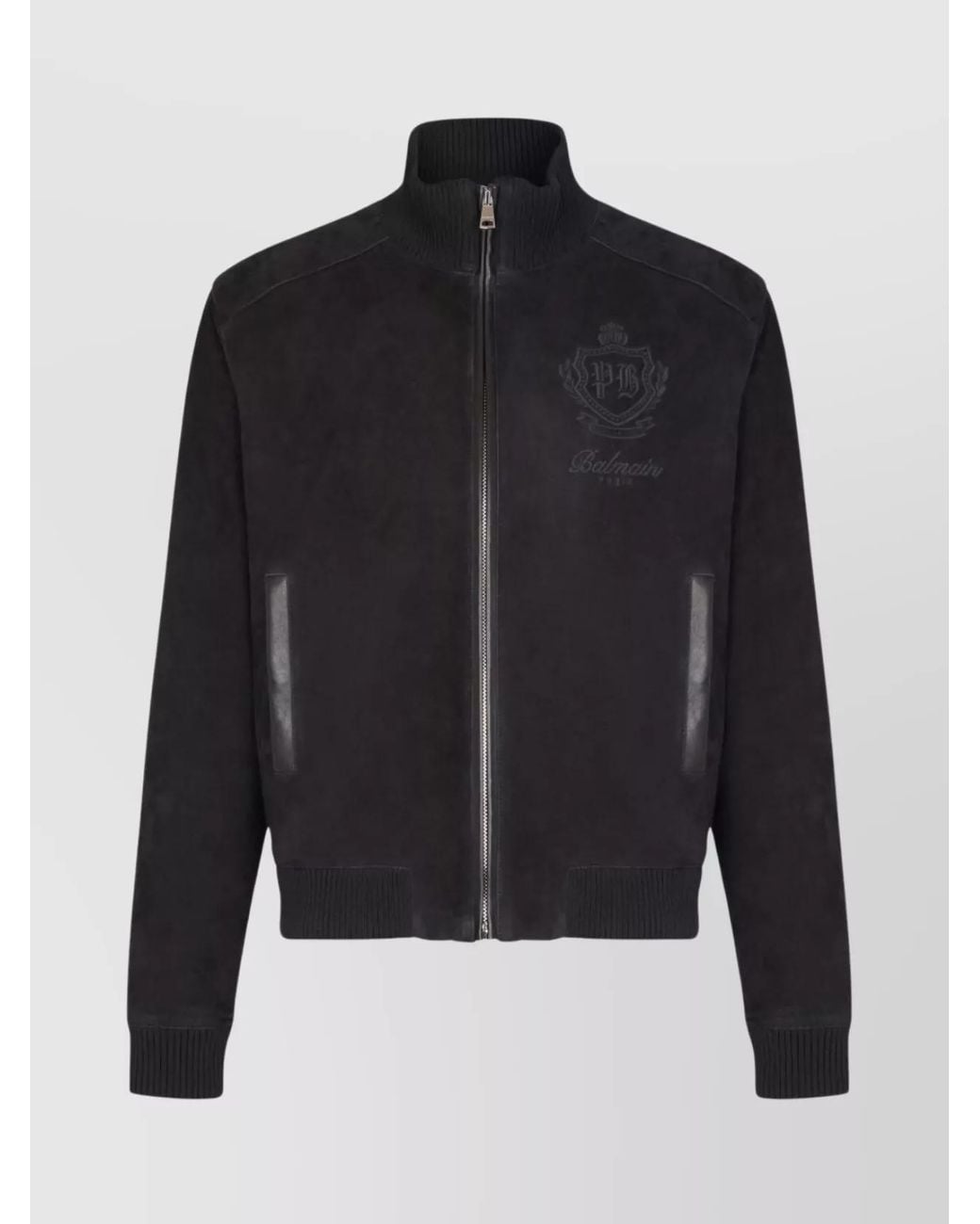 Balmain Black Suede Leather Embroidered Bomber Jacket for men