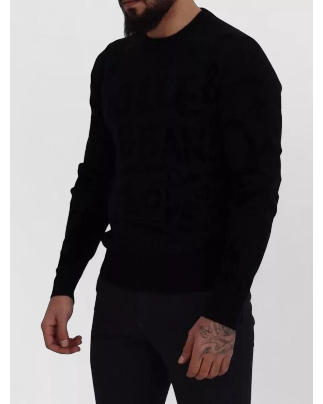 Dolce & Gabbana Black Wool Logo-Pattern Crewneck Sweater for men