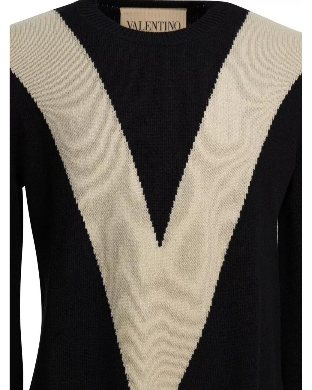 Valentino Garavani Black Wool Sweater Contrast Pattern Ribbed Trims for men