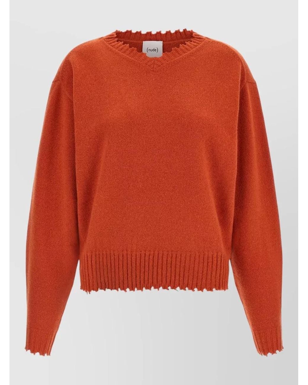 Nude Orange Cashmere V-Neck Fringed-Hem Sweater