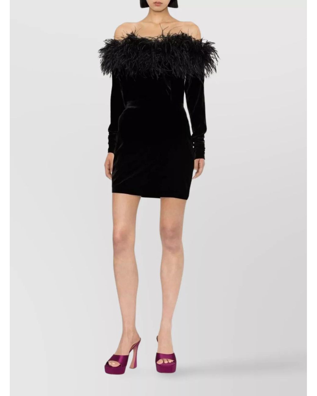 Alessandra Rich Black Feather Trim Velvet Strapless Long Sleeve Mini Dress
