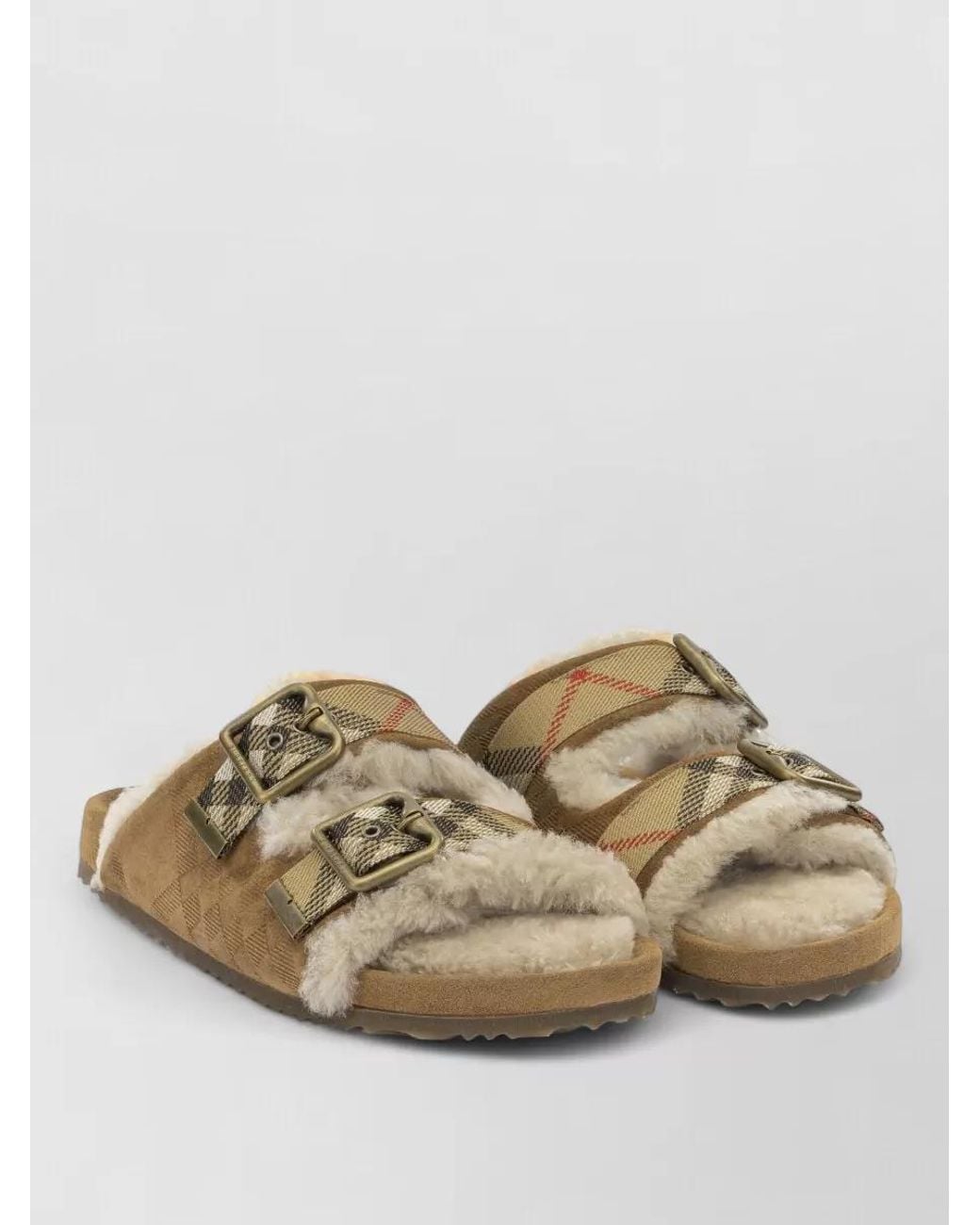 Burberry Multicolor Shearling Trim Check Slippers