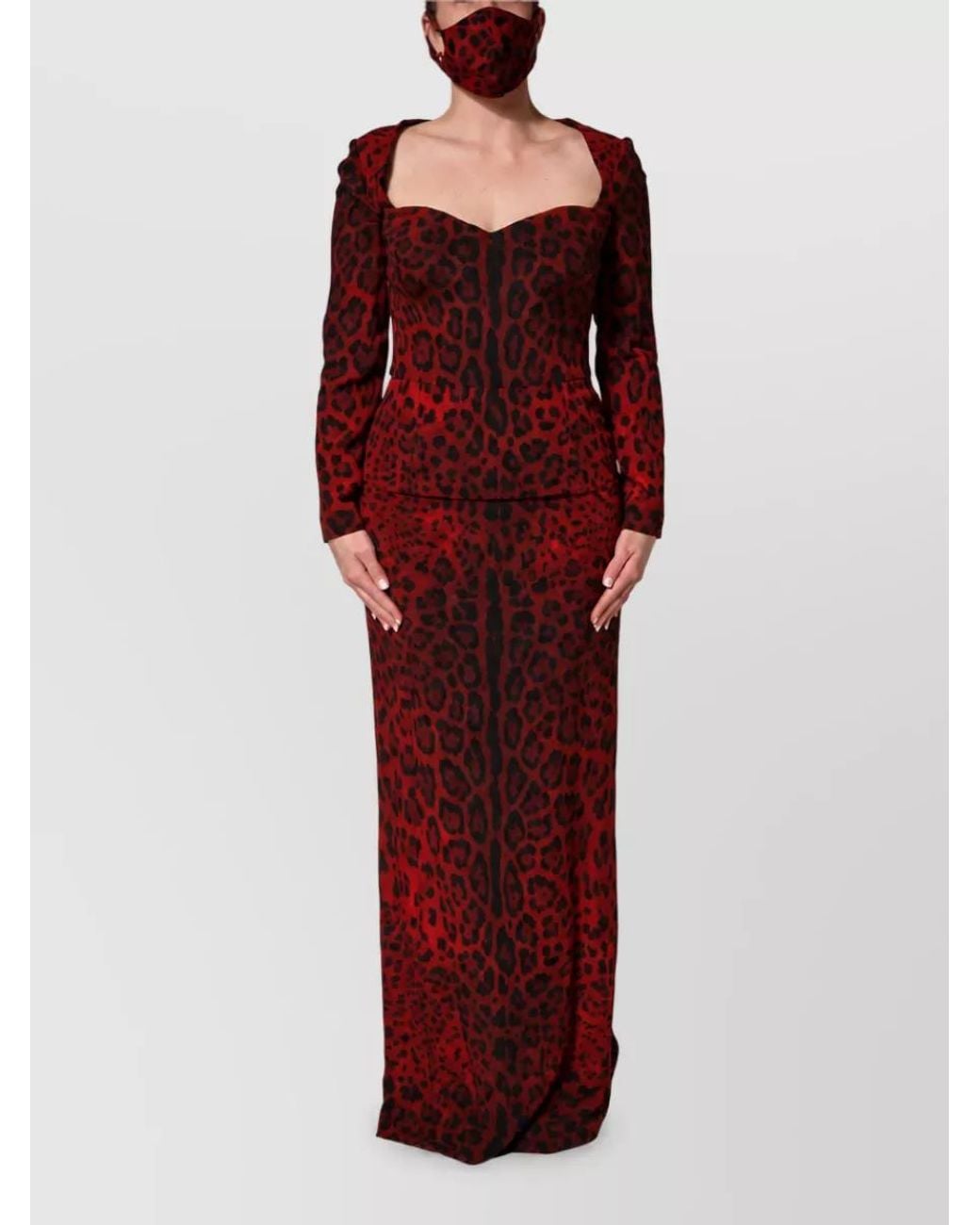 Dolce & Gabbana Red Silk Leopard-Print Long-Sleeve Maxi Dress