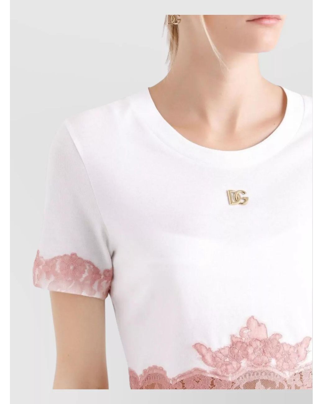 Dolce & Gabbana Pink Cropped T-Shirt With Lace Trim And Logo