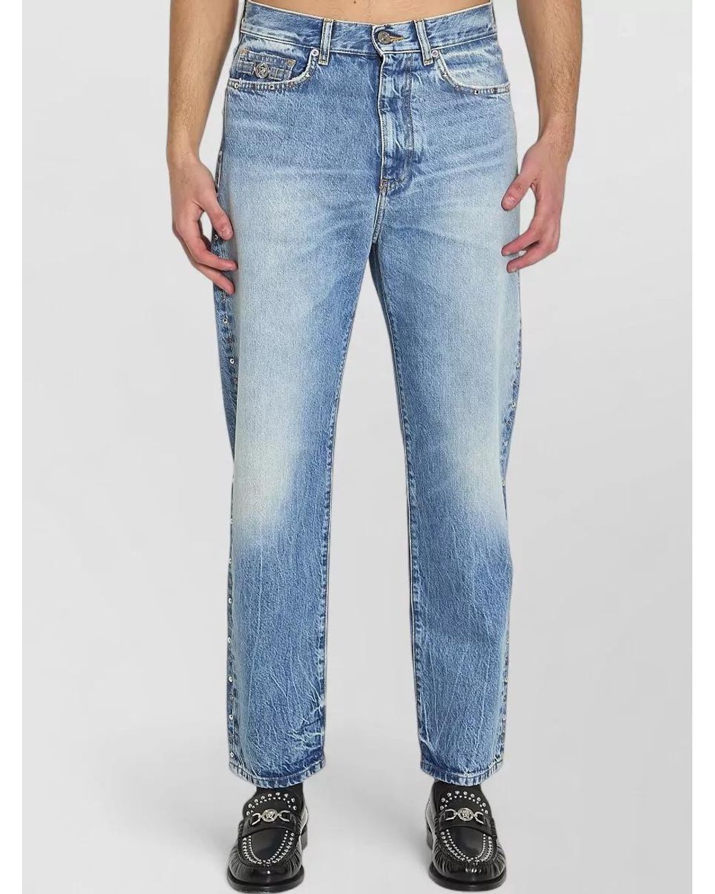 Versace Blue Studded Mid-Rise Straight-Leg Denim Jeans for men