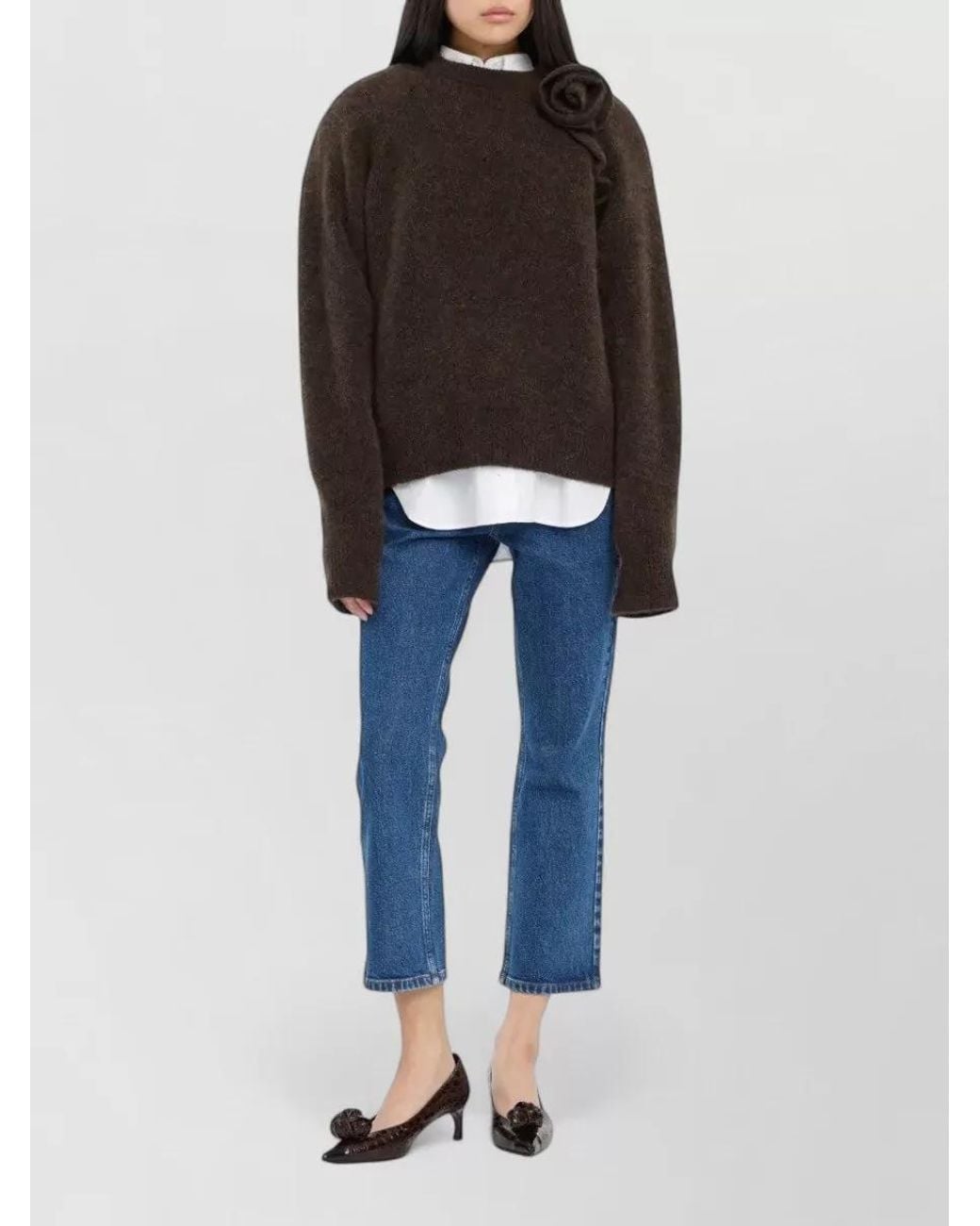 ROTATE BIRGER CHRISTENSEN Brown Alpaca-Blend Ribbed Floral Crewneck Sweater