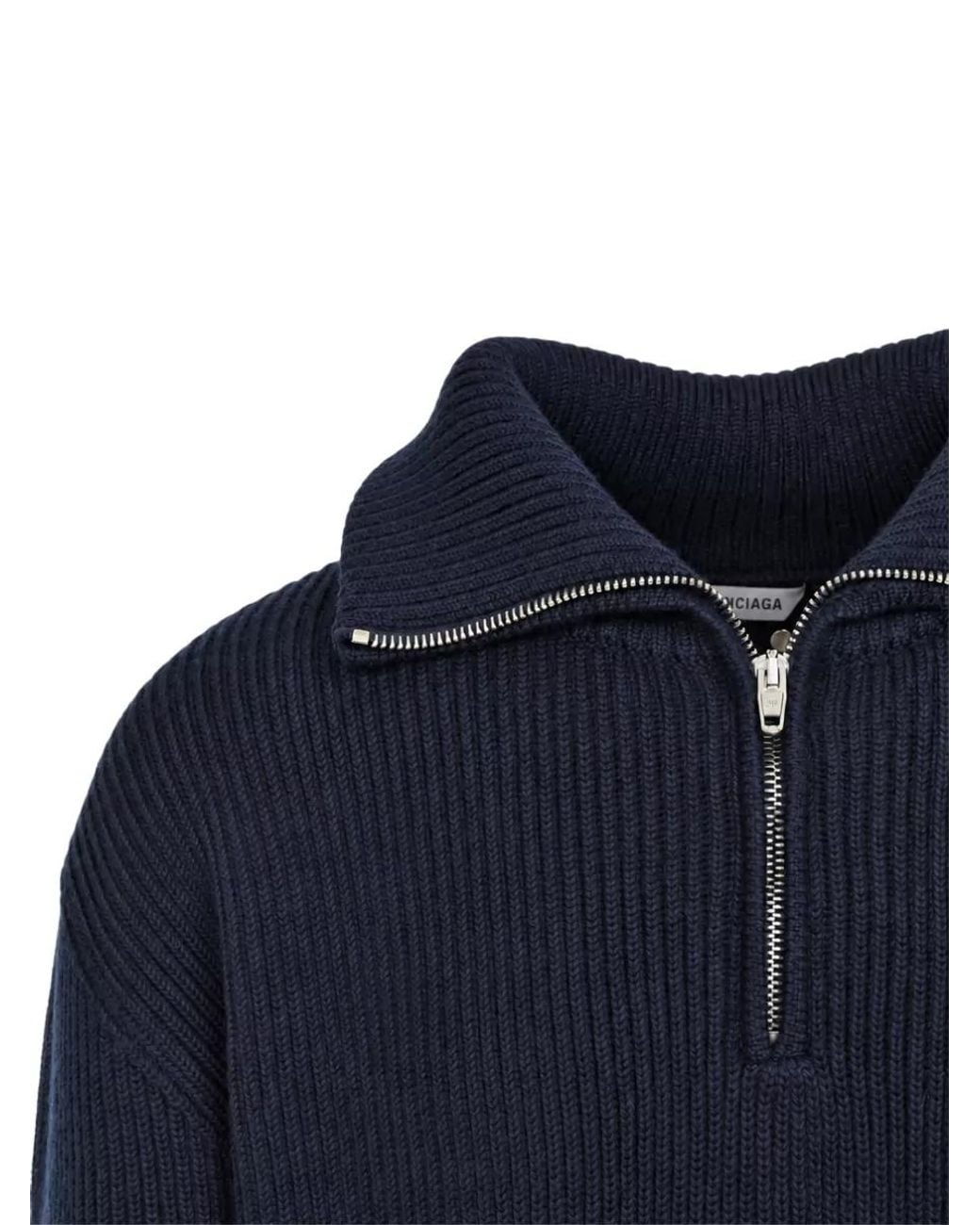Balenciaga Blue Ribbed Merino Wool Half-Zip Sweater for men