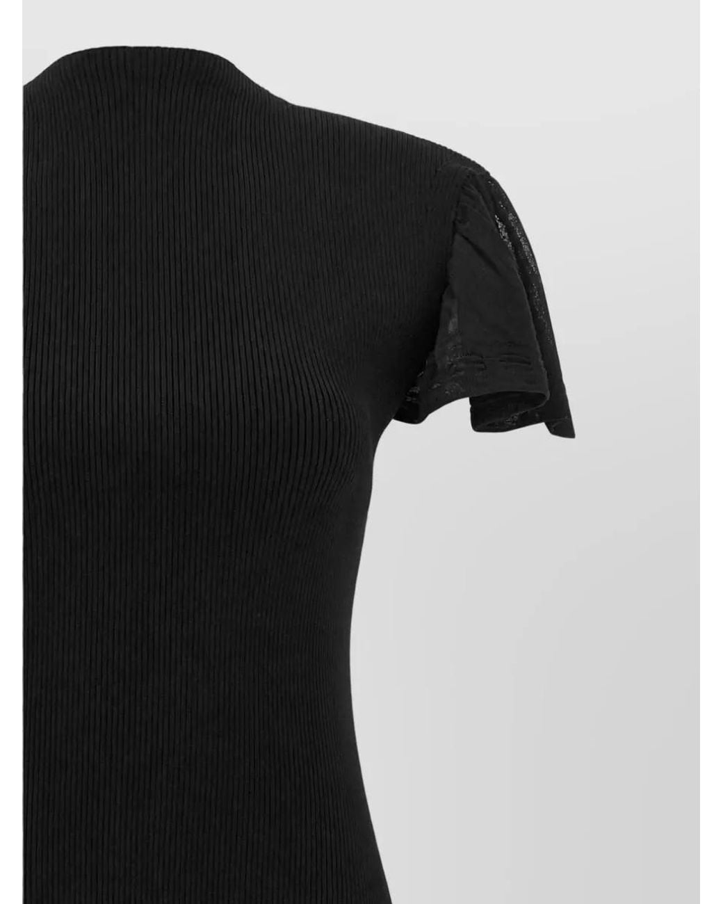 Lanvin Black Silk Ribbed High Neck Short Sleeve Asymmetric Midi Dress