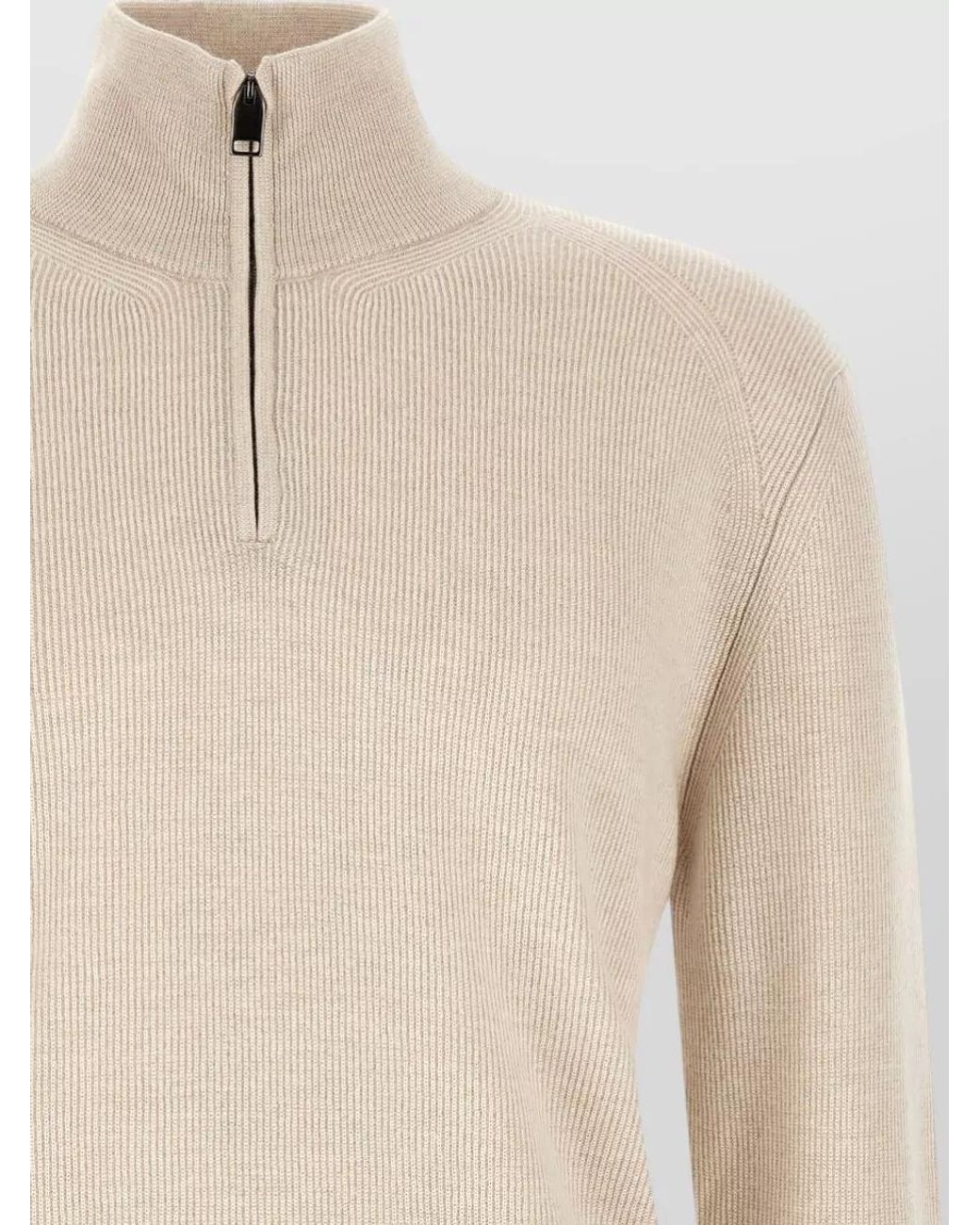 Brioni Natural Cashmere Wool Ribbed High Neck Half Zip Sweater for men