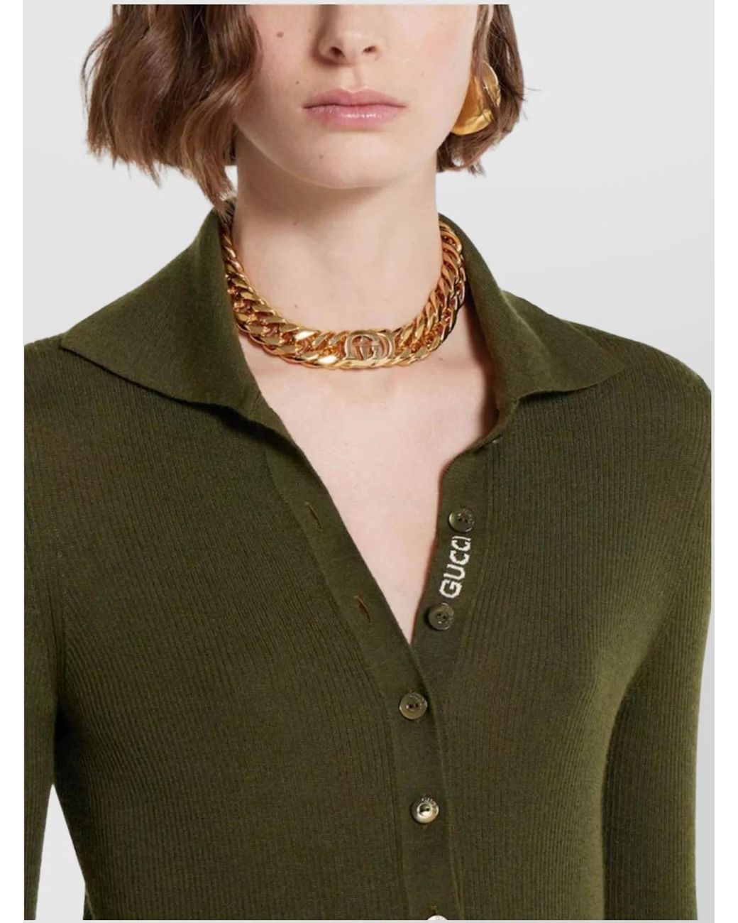 Gucci Green Cashmere Silk Ribbed Long-Sleeve Polo Top