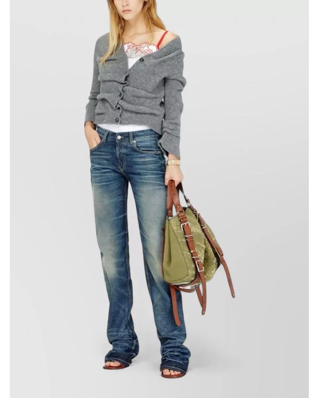 DIESEL Gray Asymmetric Draped Cropped Cardigan