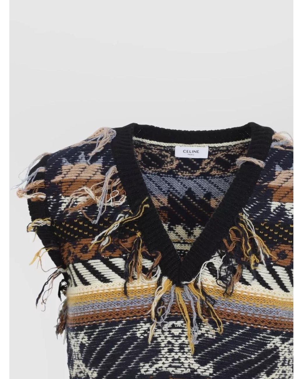 Céline Black Knitwear V Neck Sleeveless Fringe Ribbed Hem