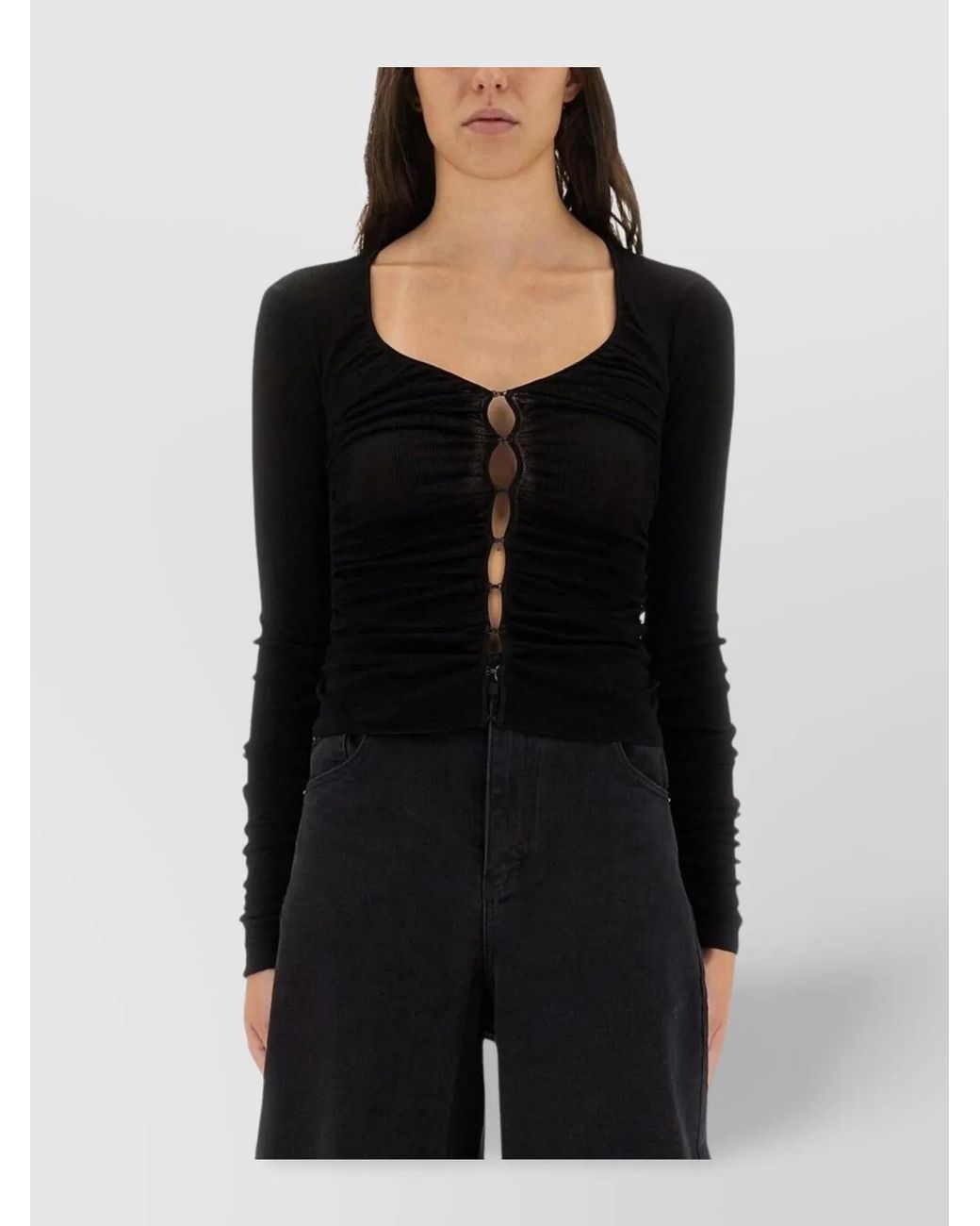 Self-Portrait Black Viscose Slim-Fit Draped V-Neck Knit Top