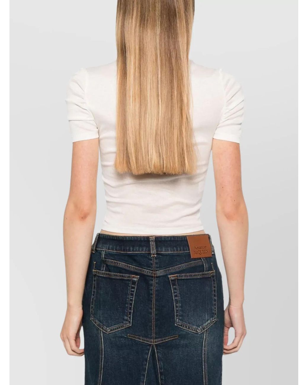 Pinko White Ruched Semi Sheer Logo Patch Cotton T Shirt