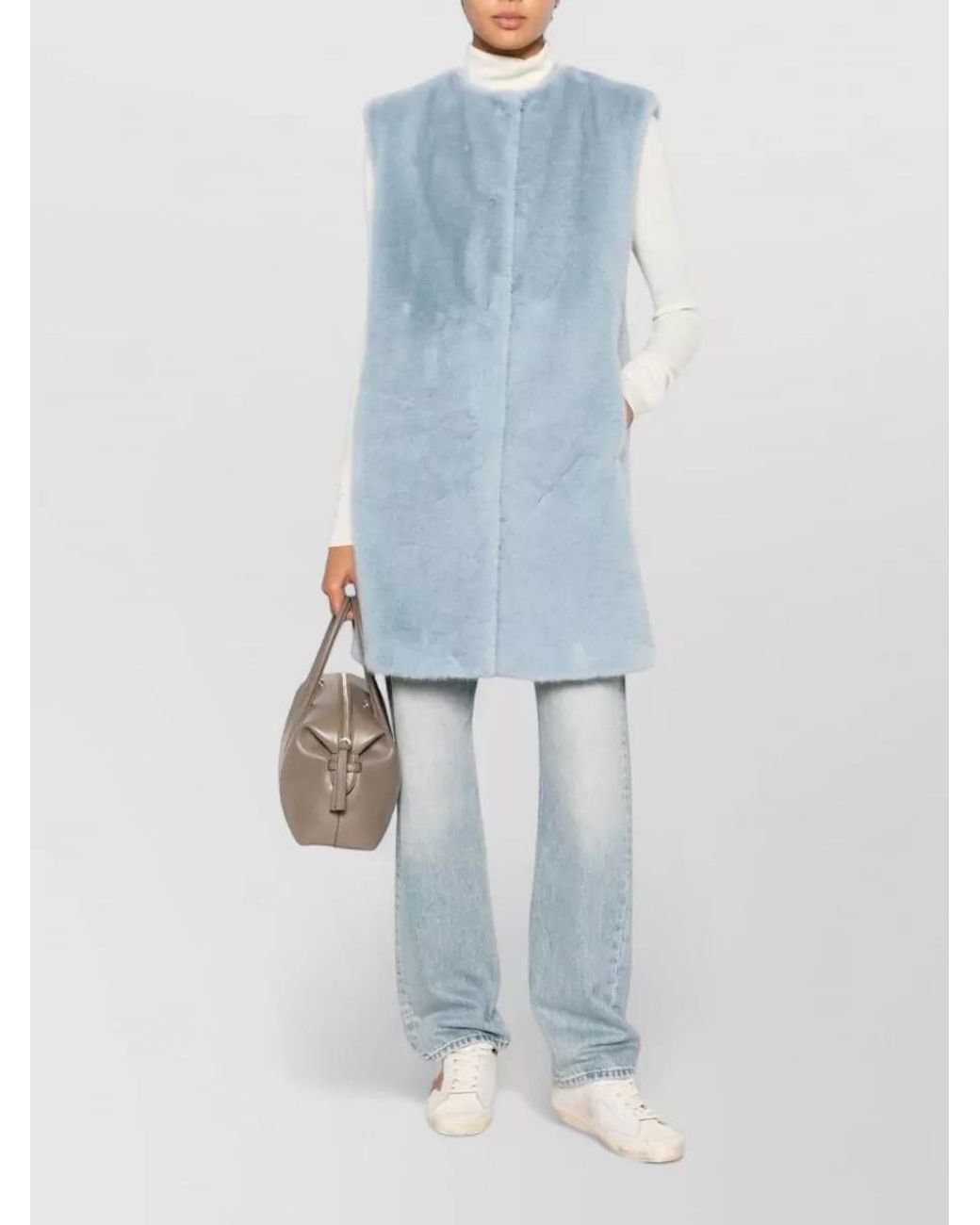 Herno Blue Faux Fur Sleeveless Round Neck Coat