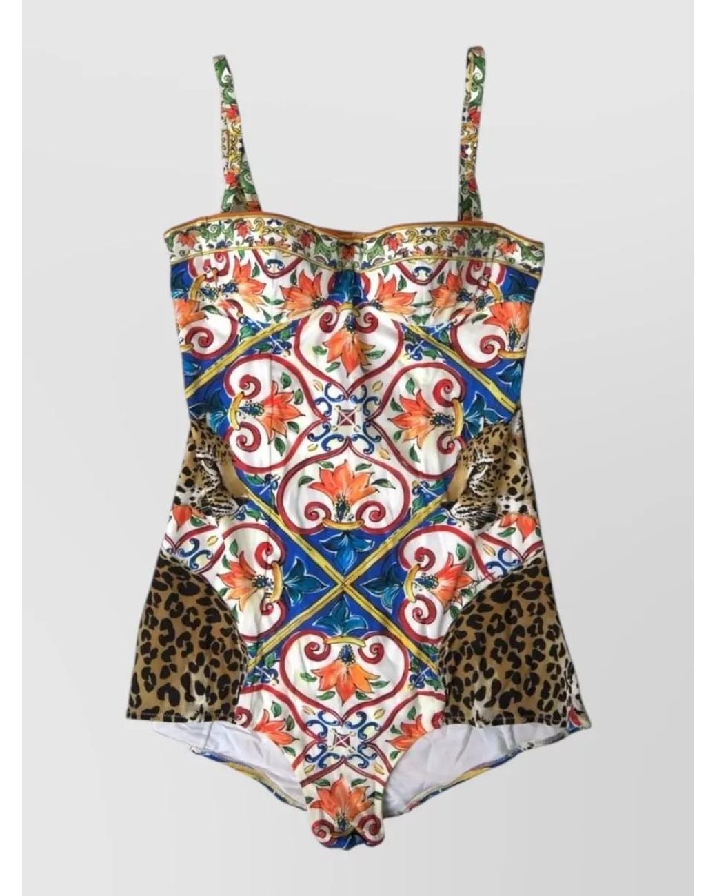 Dolce & Gabbana White Printed Square Neckline One-Piece Swimsuit
