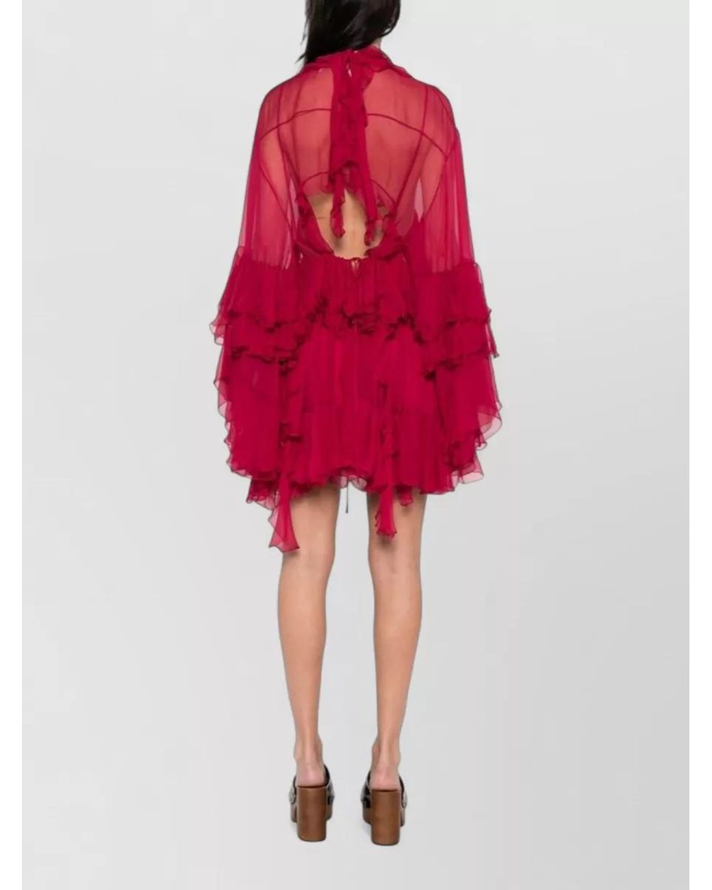 Chloé Red Silk Ruffled Long-Sleeve Mini Dress