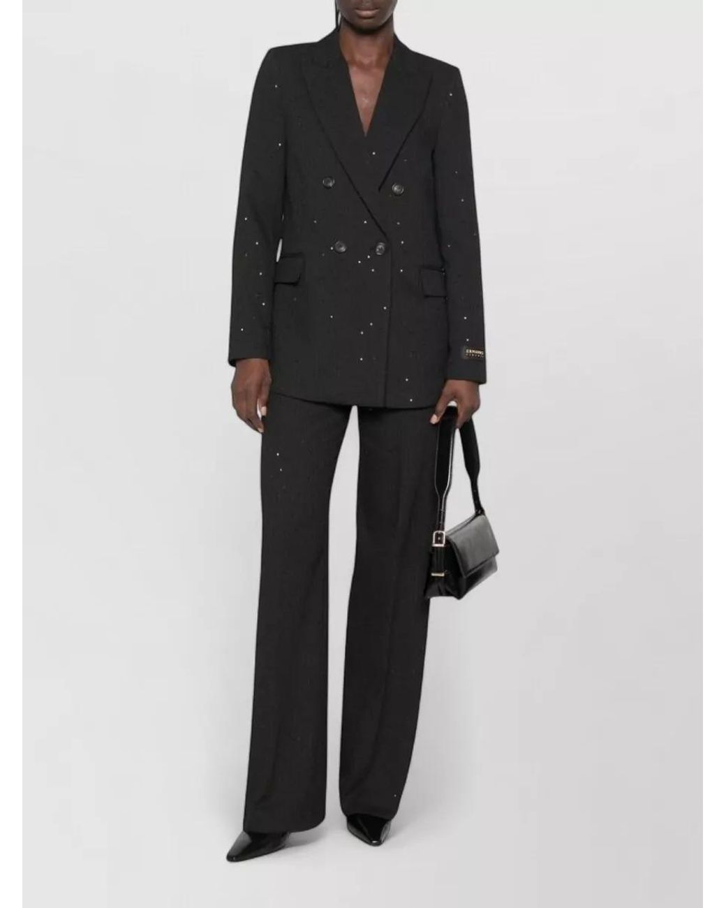 ERMANNO FIRENZE Black Wool Pinstripe Sequin-Embellished Double-Breasted Blazer