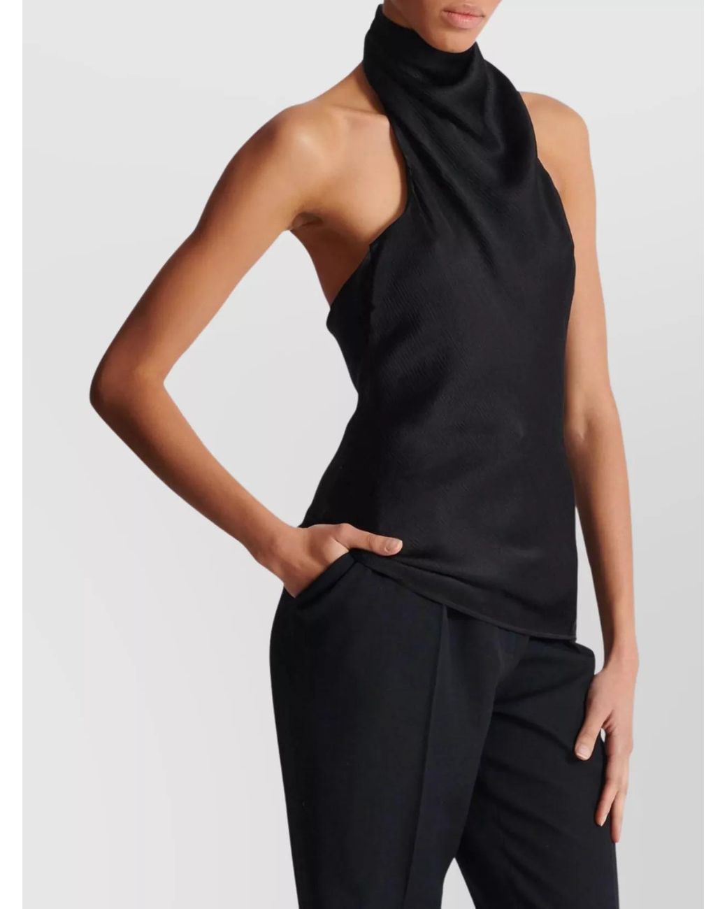 Balmain Black Silk Draped High-Neck Halterneck Blouse