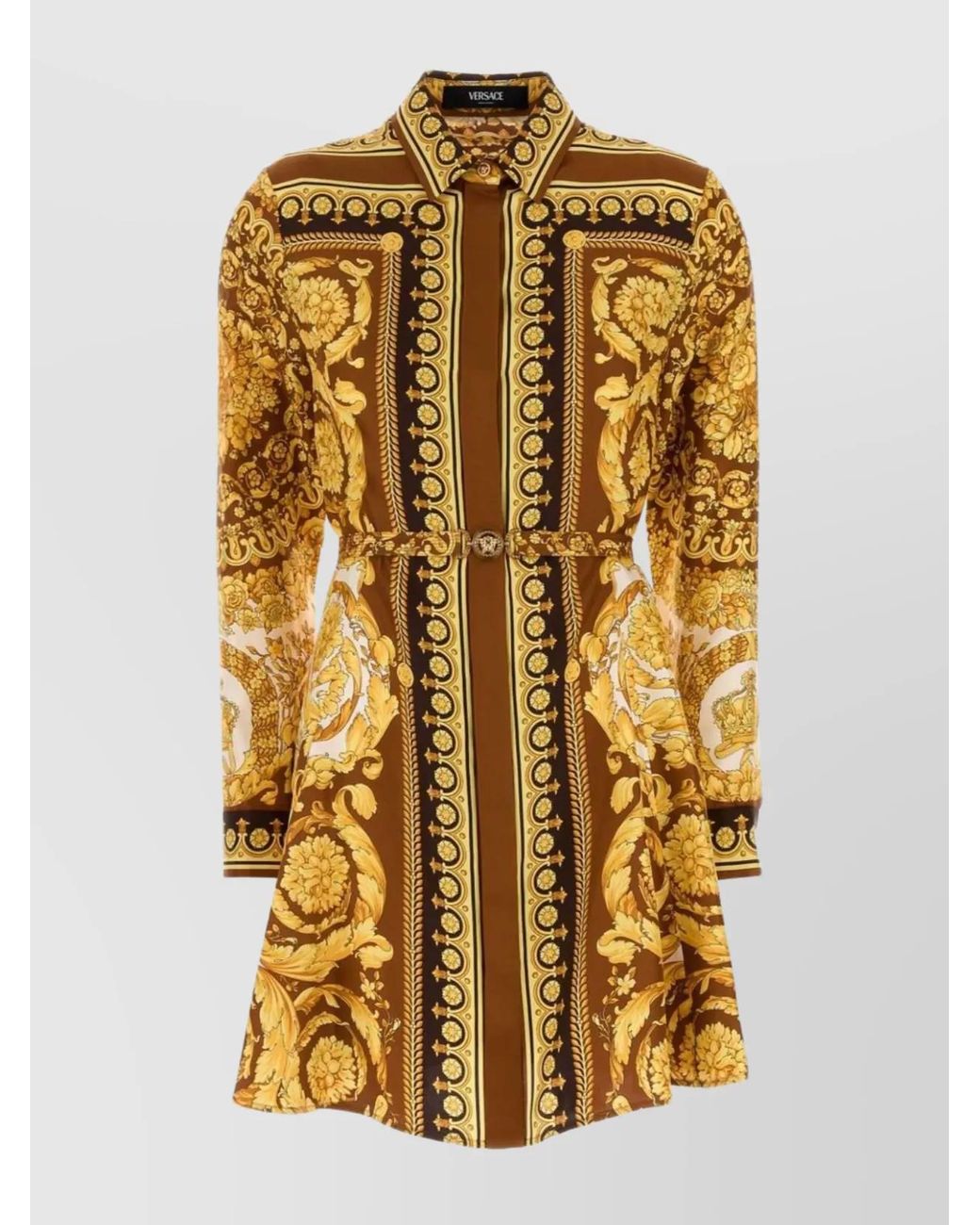Versace Metallic Silk Belted Mini Shirt Dress