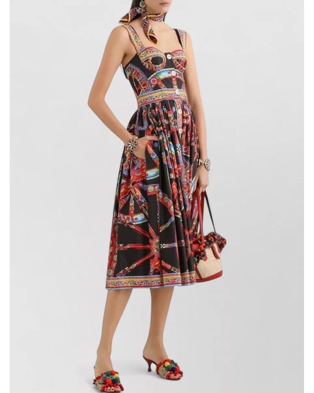 Dolce & Gabbana White Cotton Carretto Print Midi Dress