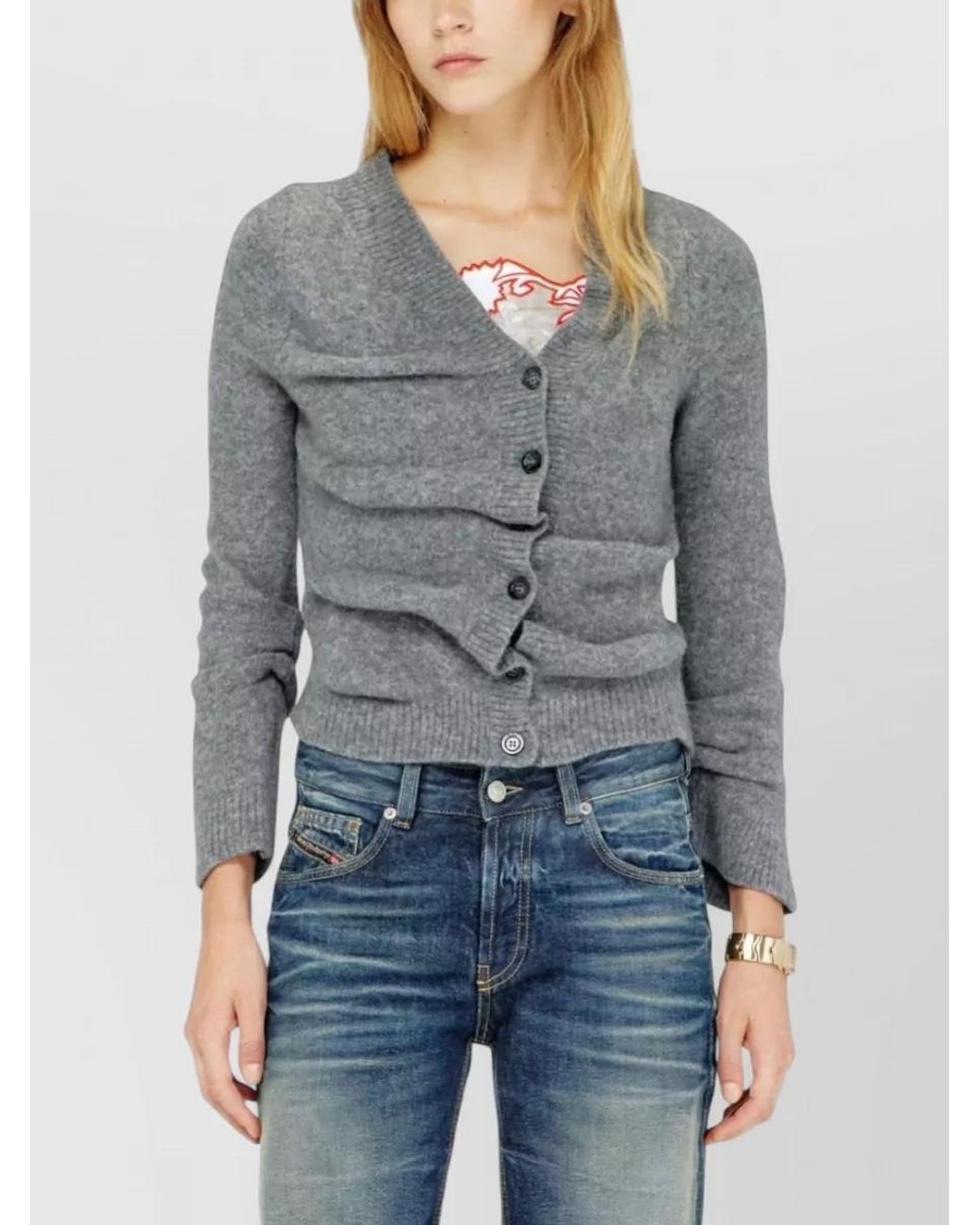 DIESEL Gray Asymmetric Draped Cropped Cardigan