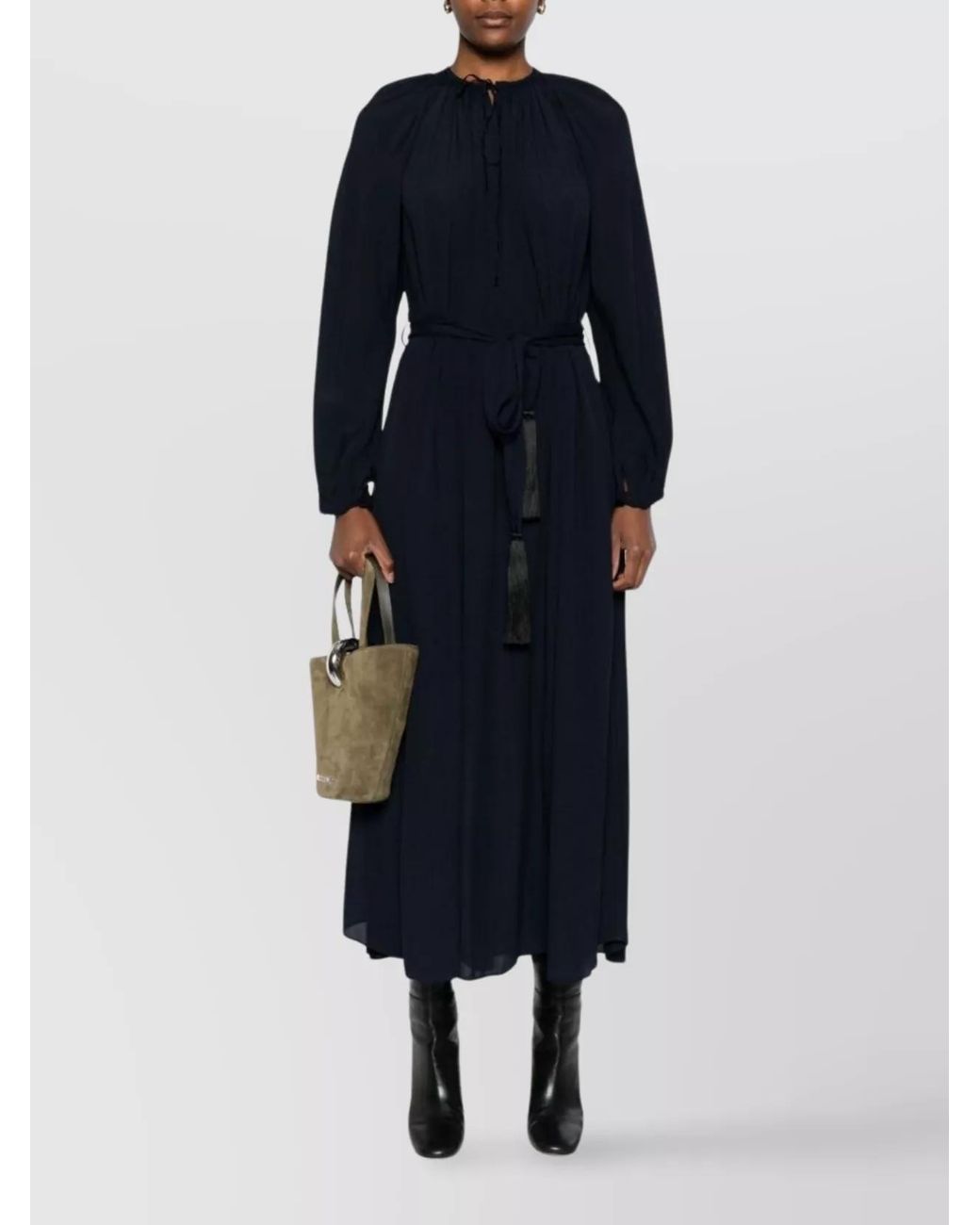 Forte_forte Blue Silk Crepe De Chine Tie Neck Long Sleeve Maxi Dress