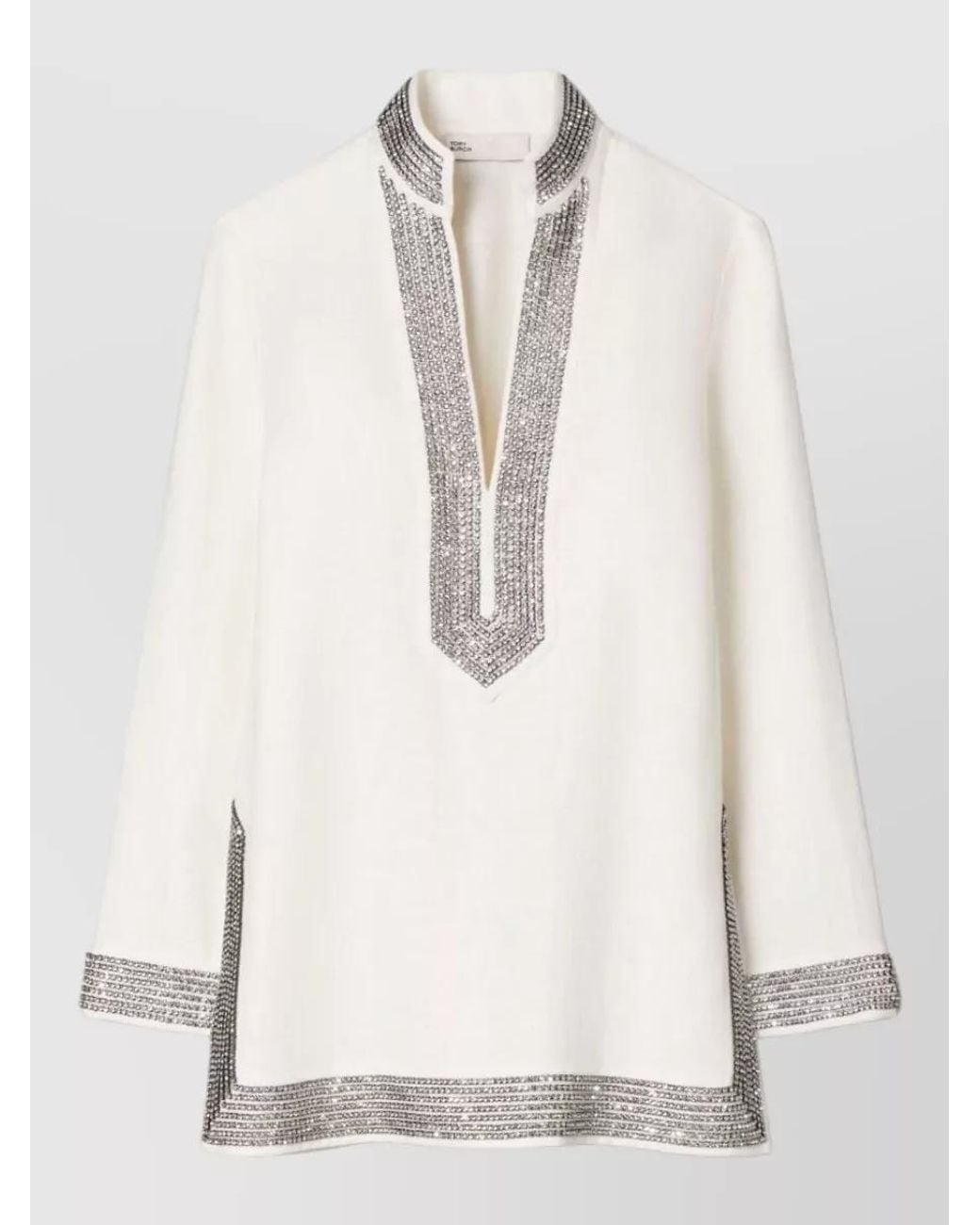 Tory Burch White Linen Crystal Embellished Tunic